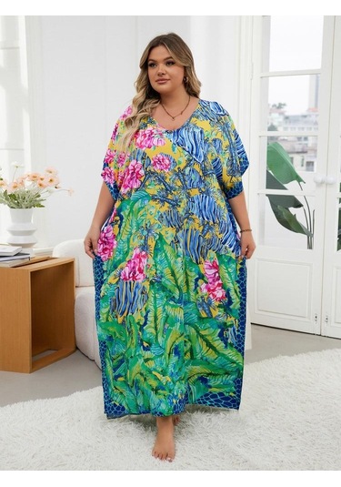 Edolynsa Şık Yeşil Baskılı Kadın Bohem Sabahlık Kaftan Ev Elbisesi Gevşek Tatil Partisi Uzun Elbise Mayo Üst Kıyafet Q1594 Çok Renkli