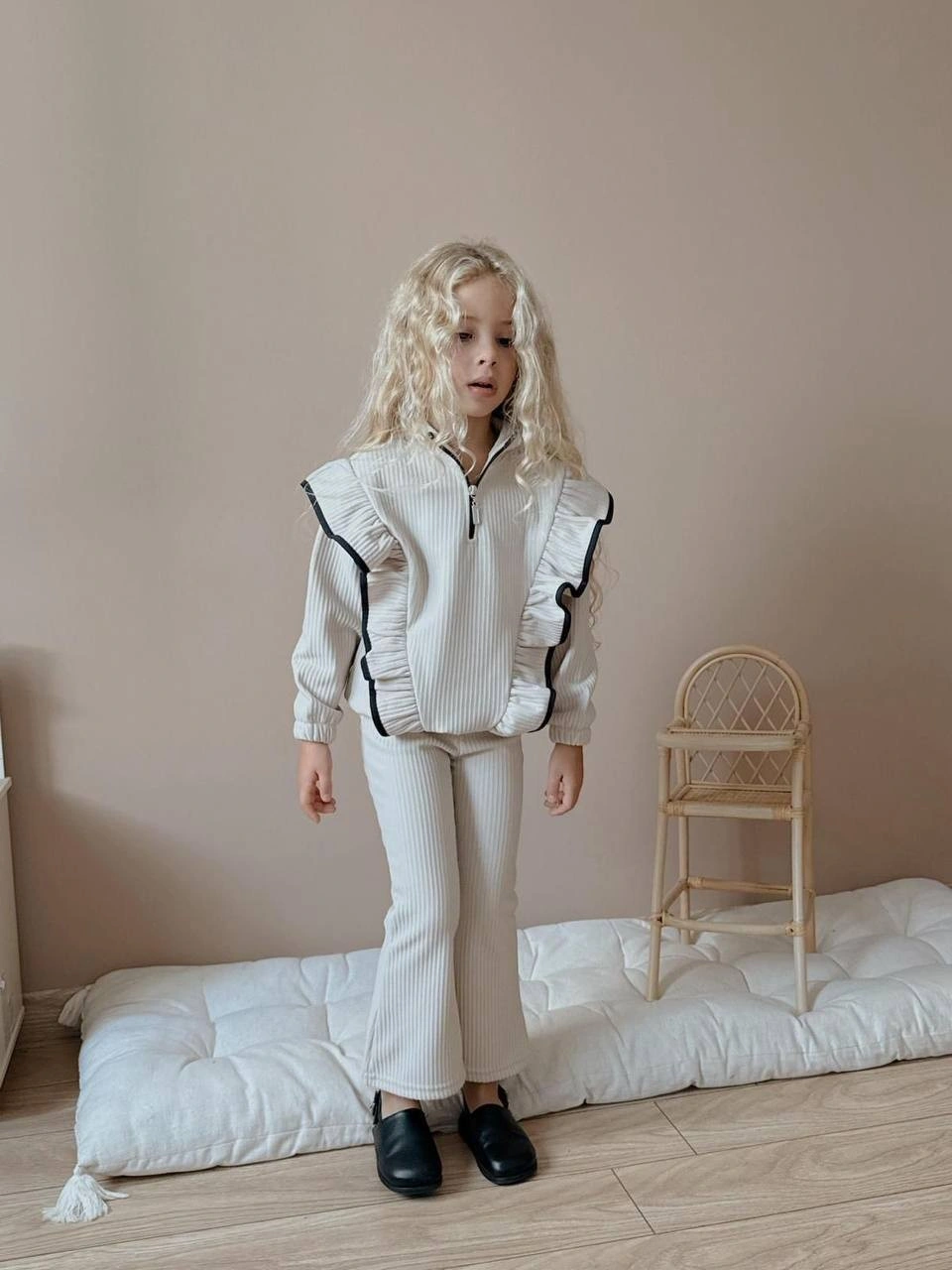 Kız Çocuk Yaka Fermuarlı Fitilli İspanyol Paça Takım Bej