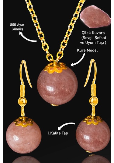Sertifikalı Gold Küre Orijinal Çilek Kuvars Taşı Kolye Ve Küpe Se Çok Renkli