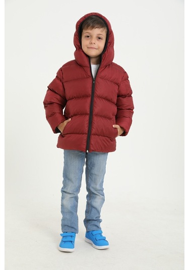 Freemen Erkek Çocuk Bordo Polarlı Kapüşonlu Su Geçirmez Rüzgara Dayanıklı Şişme Kışlık Mont Bordo