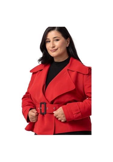 Büyük Beden Mono Yaka Kemerli Astarlı Kısa Kırmızı Trençkot Kırmızı