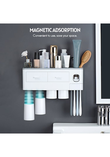 Geeksen Duvara Monte Diş Fırçası Askısı Dispenseri Delme Gerekmez Yer Tasarrufu Manyetik Diş Macunu Sıkacağı Bardak Banyo Düzenleyici Ev Ticari Mavi