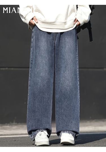 Willowhaven Gri Mavi Xl Erkek Hafif Yıkama Bol Kesim Düz Paça Orta Esnek Bel & Düğme Jeans Gri Mavi