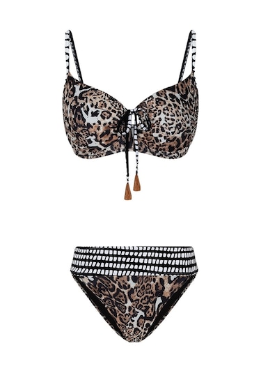 Bonesta Ozero Kahve Leopar Desenli Büzgülü Balenli Bikini Takımı Leopar