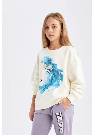 DeFacto Kız Çocuk Ekru Frozen Relax Fit Bisiklet Yaka Sweatshirt D1119A824AUER99 Ekru