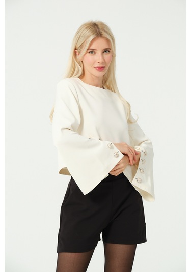 Düğme Detay Crop Bluz Beyaz BEYAZ Beyaz