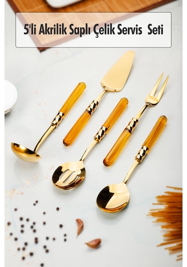 5 Parça Gold Servis Seti & Servis Sunum Seti Amber Kepçe / Kevgir / Sıpatula / Çatal / Kaşık