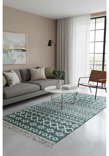 Doğal Tonlarda Modern Desenli Çift Taraflı Yıkanabilir Kilim Renkli