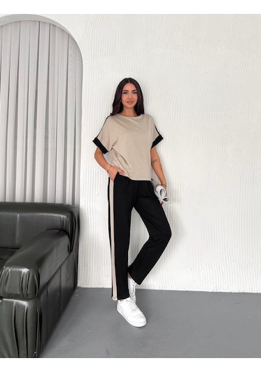 Kadın Modal Dokulu Kumaş Yanı Şeritli Takım Siyah - Krem