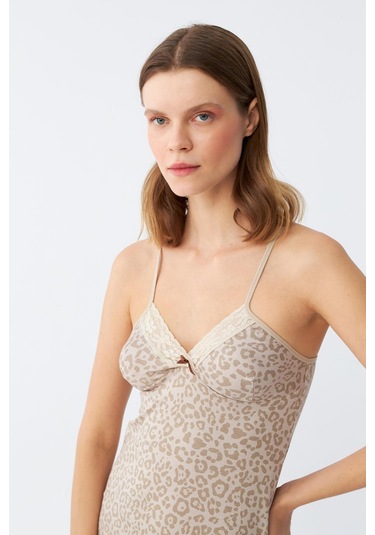 Akbeniz Kadın Penye Vizon Leopar Desenli İp Askılı Gecelik 36717 Vizon