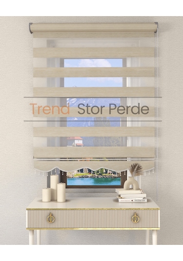 Sütlü Kahve Boncuklu Zebra Stor Güneşlik Perde Opak Sütlü Kahve