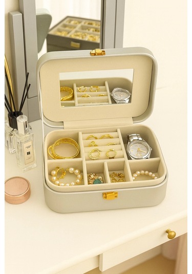 Deri Seyahat Takı Bijuteri Mücevher Kutusu Organizer Düzenleyici 20cm Gri İthal Ürün