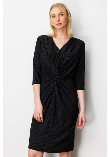 Önü Büzgülü Simli Midi Elbise Ekol Siyah