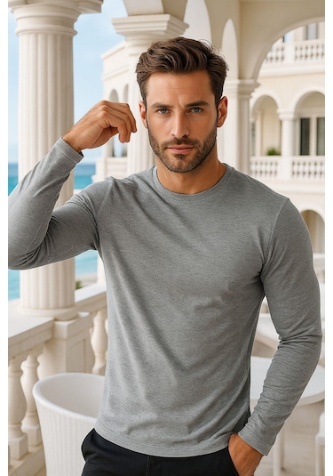 Erkek Uzun Kollu Bisiklet Yaka Tişört - %100 Pamuk Basic Relaxed T-shirt Gri