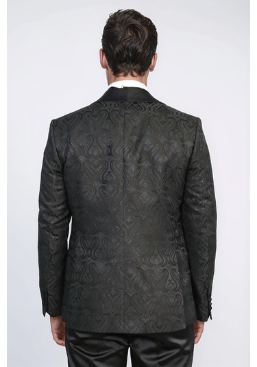 Dalgalı Desenli S Al Yaka Yelekli Siyah Smokin - Wessi Siyah