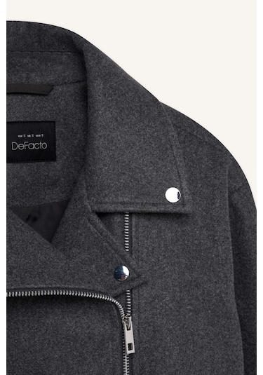 DeFacto Regular Kalıp Ceket Yaka Cepli Kemerli Fermuarlı Kısa Kaşe Kaban B8830AX25SPAR153 Antrasit