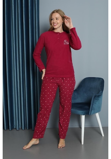 Yeni Sezon Sonbahar/kış Kadın Welsoft Yuvarlak Yaka Düz Desen Kalın Polar Pijama Takımı 30009-fuşya Fuşya