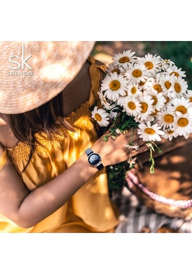 Novahub Shengke Mavi Deri Kayış Kuvars Kadın Saatleri, Yaratıcı Arama Kol, 29.5mm Yuvarlak Kadran, 3atm Su Geçirmez, Moda Ve Casual, Relogio Feminino Gümüş