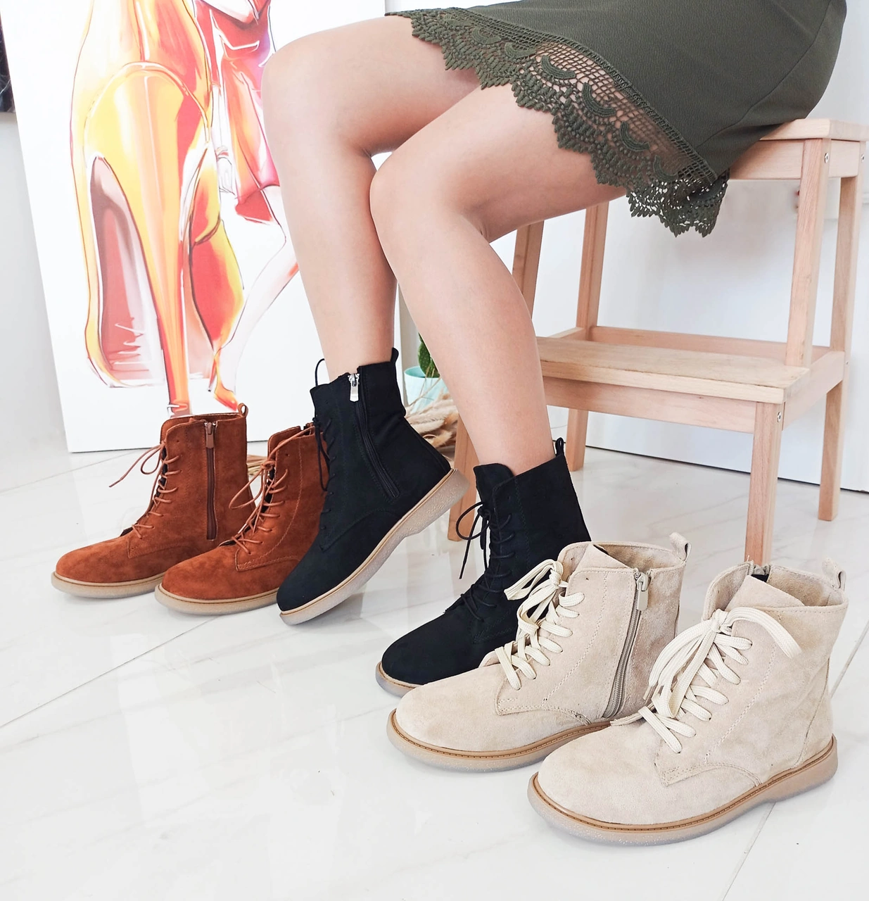 Gdt Ayakkabı Siyah Süet Bağcıklı Fermuarlı Kadın Bot Siyah