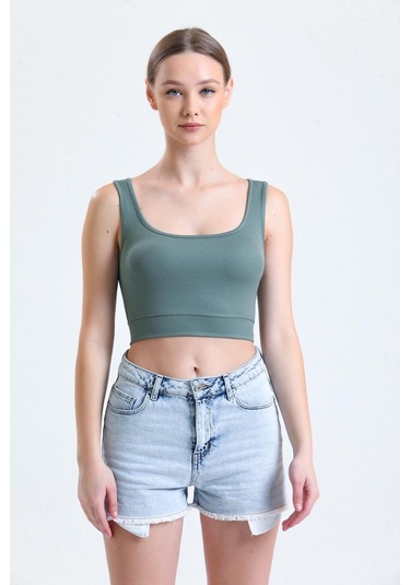 Yeşil Fitilli Kare Yaka Esnek Örme Crop Büstiyer Atlet Haki