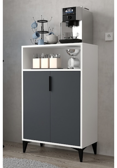 1202 Ada Çok Amaçlı Dolap , Kahve Köşesi , Kiler Dolabı , Mutfak Standı 2 Kapılı - Beyaz Antrasit Antrasit - Beyaz