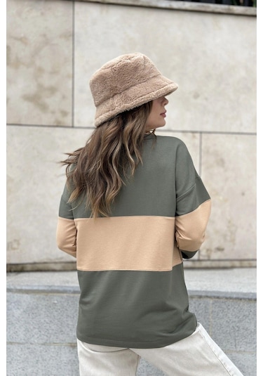 Kadın Haki Uzun Kol, Dik Yaka, Fermuarlı, Double Color Block Basic Sweatshirt Bluz Haki
