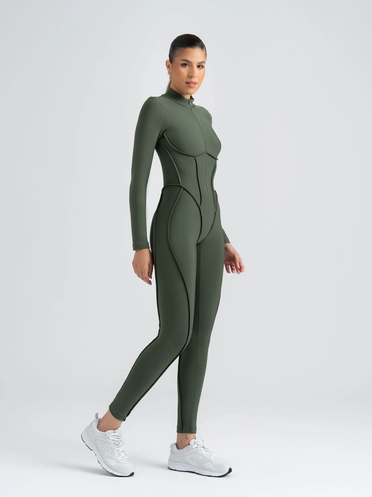 Dikişle Modellenmiş Spor Tayt Tulum Haki Yeşili