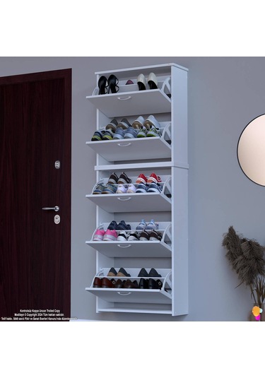 Modilayn Verve Asma Antre 72x194x26 Cm Lik 3 Düşer Kapak 10 Göz Bölmeli Ayakkabılık Beyaz