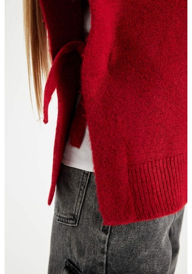 DeFacto Kız Çocuk Kırmızı Bisiklet Yaka Basic Düz Triko Süveter C9660A824WNRD63 Kırmızı