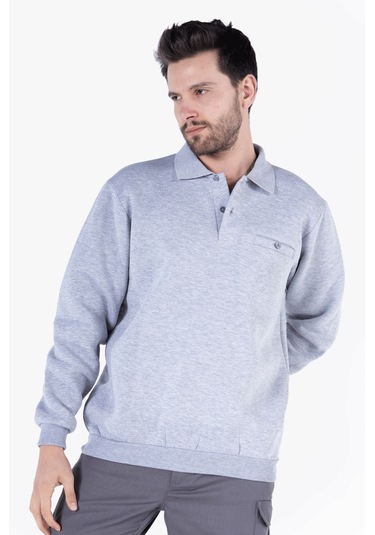 3 İplik Polo Yaka Fleto Cepli Sweatshirt Gri Melanj