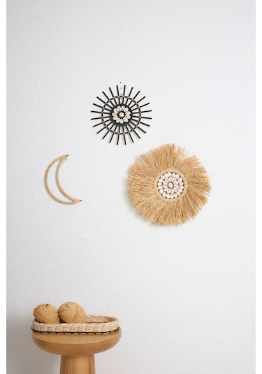 3'lü Set Rafya Deniz Kabuklu Model & Siyah Rattan Çubuk Deniz Kabuklu & Rafya Ay M091