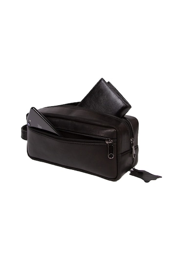 Bizoon Np176 Gerçek Deri Erkek Portföy El Traş Çantası Siyah-Siyah