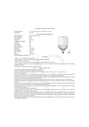 40w Torch Led Ampul 3200k Sarı Işık