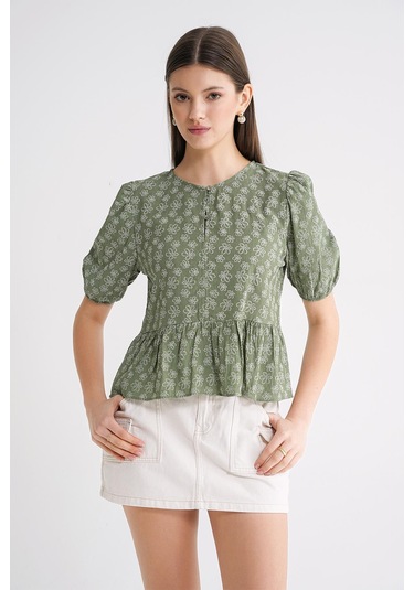 4688 Kadın Balon Kol Çiçek Desenli Peplum Bluz Haki Haki
