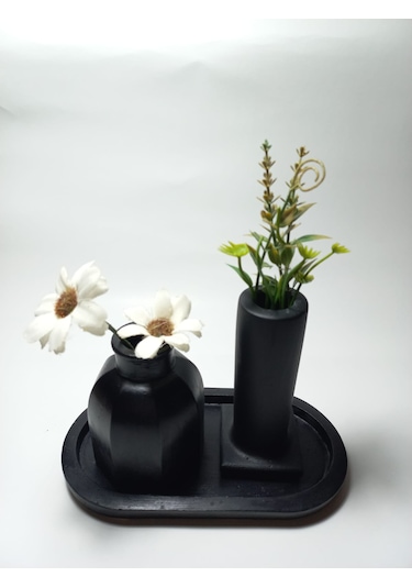 Tabaklı Dekoratif İkili Vazo Set Siyah Siyah