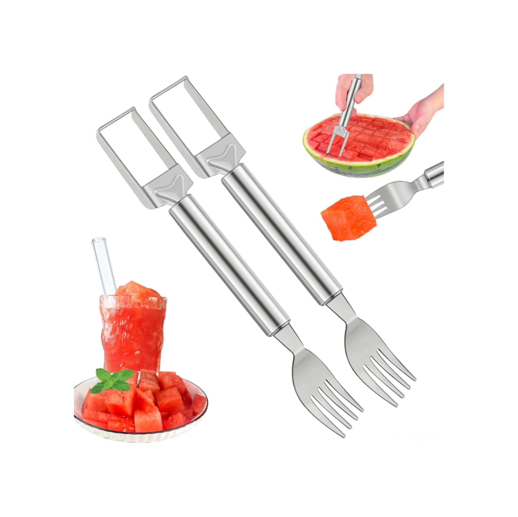 Moveevo Stainless Steel Meyve Dilimleyici Seti - 2 Adet Çift Uçlu Kırma Ve Dikme Aleti, Elma Karpuz Kesici Araçları Gümüş