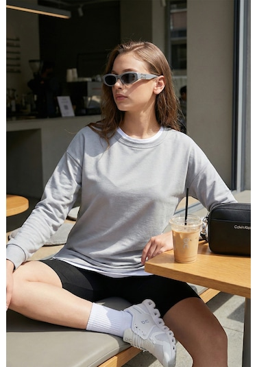 Lela Streç Oversize Fit Bisiklet Yaka Modal Kumaş Bayan Sweat 5865877 Gri