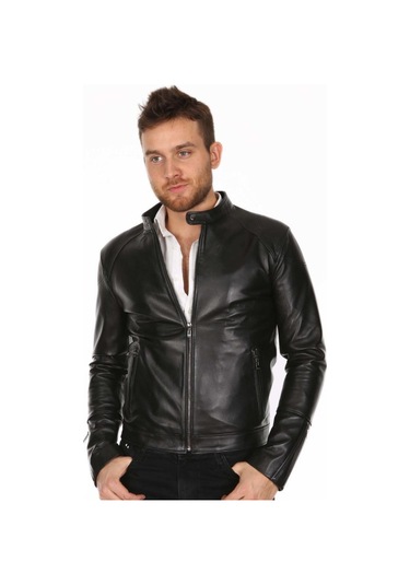 Hakiki Kuzu Derisi Fermuarlı Sportif Erkek Deri Ceket Siyah Siyah