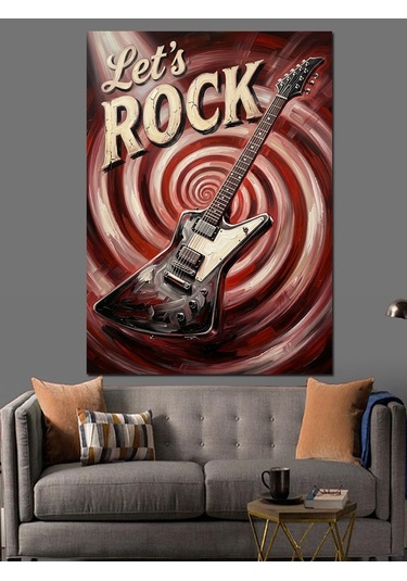 Let's Rock Yazılı Gitar Ve Girdap Dekoratif Kanvas - Mdf Ahşap Tablo