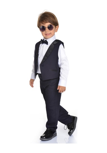 Saten Yaka Kuşaklı Yelekli Erkek Çocuk Takım Lacivert