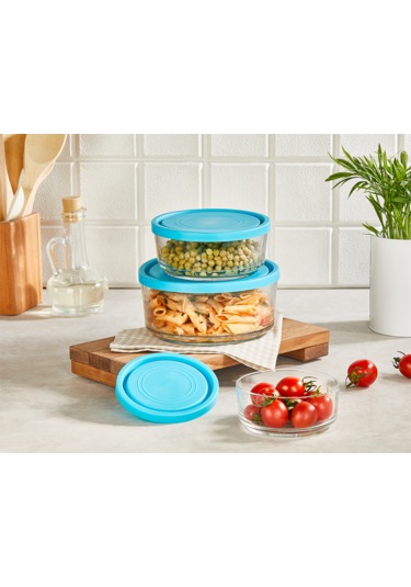 Glassco Kapaklı Cam Saklama Kabı Yuvarlak Mavi 450 CC 6 Adet Şeffaf