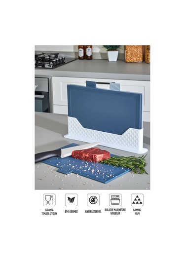 4'lü Tezgah Üstü Yatay Standlı Kesme Tahtası - Çoklu Doğrama Tahtası Ekmek Sebze Et Kesim Panosu Mavi