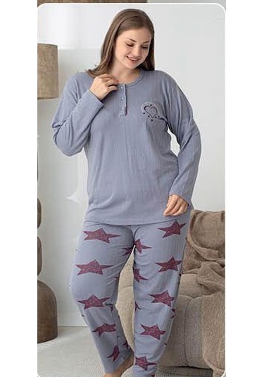 Lindros Kadın Pamuk'lu Düğme Yaka Raporlu İnterlok Kışlık Battal Pijama Takımı 05144 - 1 Adet Gri