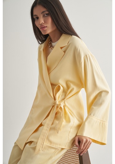 Mizalle Keten Karışımlı Anvelop Bağlı Sarı Kimono Ceket Sari