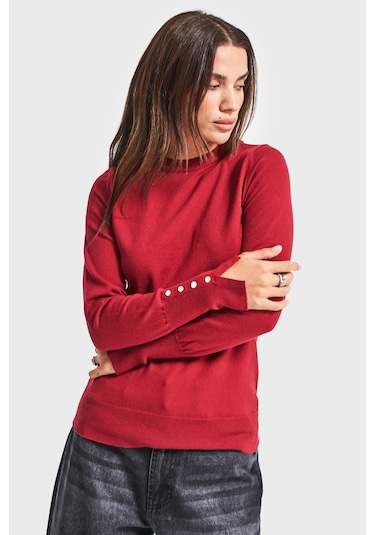 Itsbasic Kadın Bordo Renk W5-35 Örme Triko Kumaş Bisiklet Yaka Kol Aksesuarlı Triko