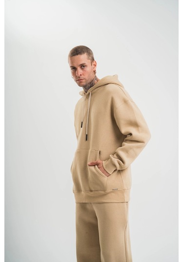 Unisex Double Oversize Kapşonlu Basic Sweatshirt - Bej Siyah