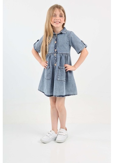 Kız Çocuk Çift Cepli/düğme Kapamalı Jean Elbise 12199 Mavi