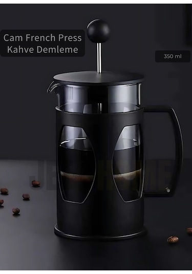 Cam French Press Kahve Demleme Paslanmaz İç Yapı Siyah 350 Ml Siyah