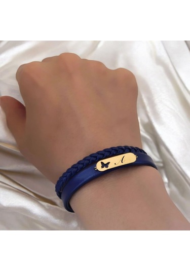 Archin A Harfine Özel Lacivert Derili Kelebek Motifli 14 Ayar Altın Plakalı Hediye Bileklik-616harf A