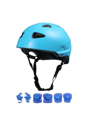 Mavi Erkek Çocuk Kaskı Spor Koruyucu Kask Dizlik Dirseklik Donanım Seti Kaykay Bisiklet Scooter Çok Renkli
